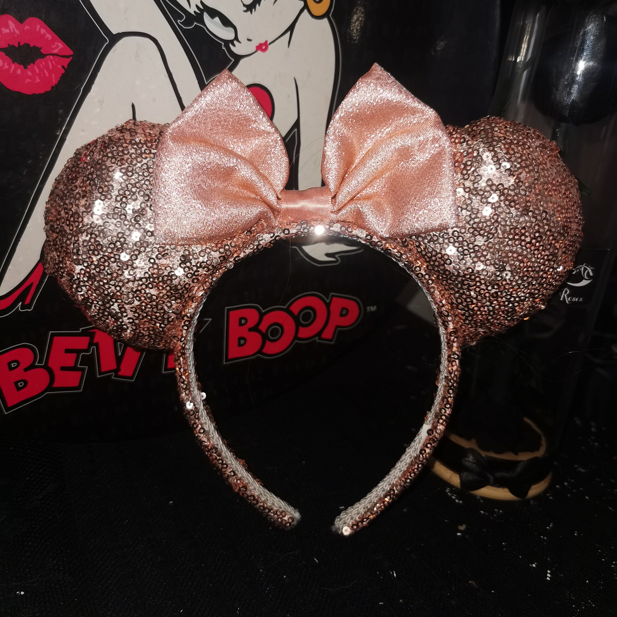 Beige and gold sparkly mouse ears with bow